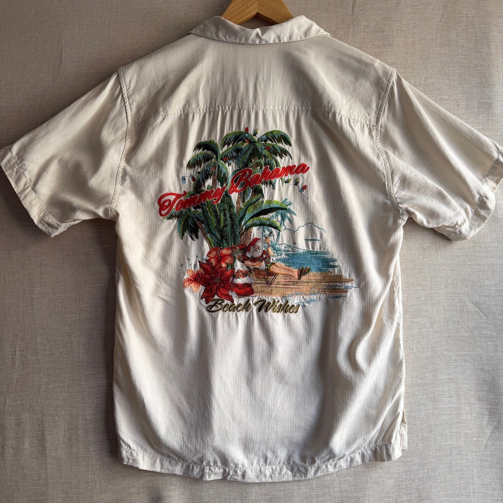 Tommy Bahama Beach Wishes Christmas Santa Shirt Cream Silk Embroidered Tropical